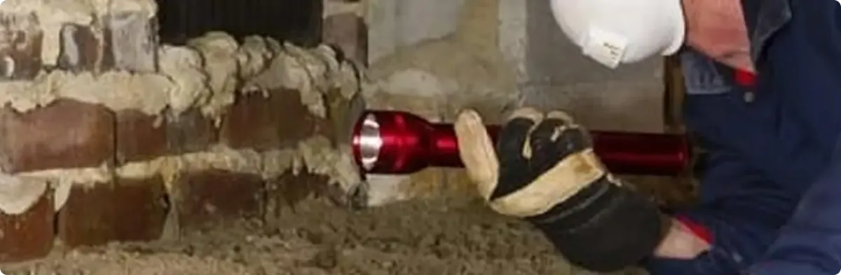 Pest control technician inspecting a crawl space for ant activity in Hamtramck, MI