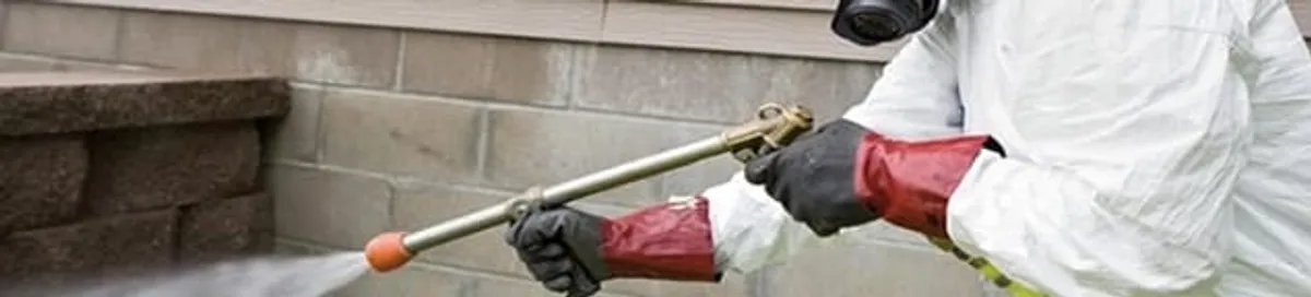 Pest control technician applying exterior insect treatment along a home foundation in Detroit, MI