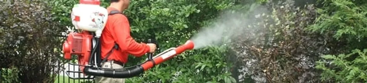 Mosquito control technician fogging shrubs and landscaping for mosquito treatment in Detroit, MI