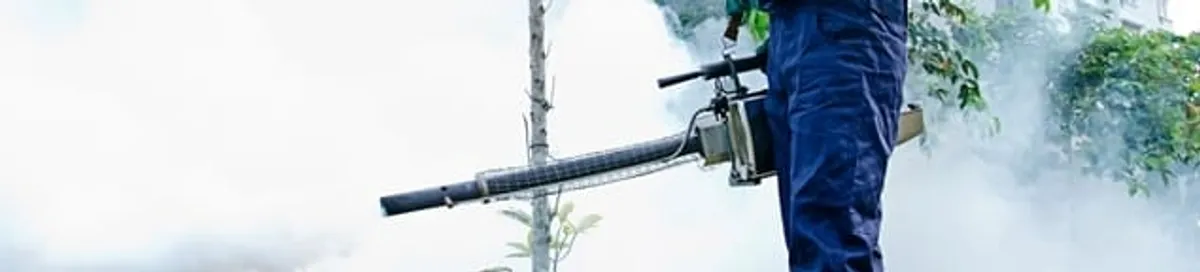 Pest control technician fogging an outdoor area for insect control in Detroit, MI